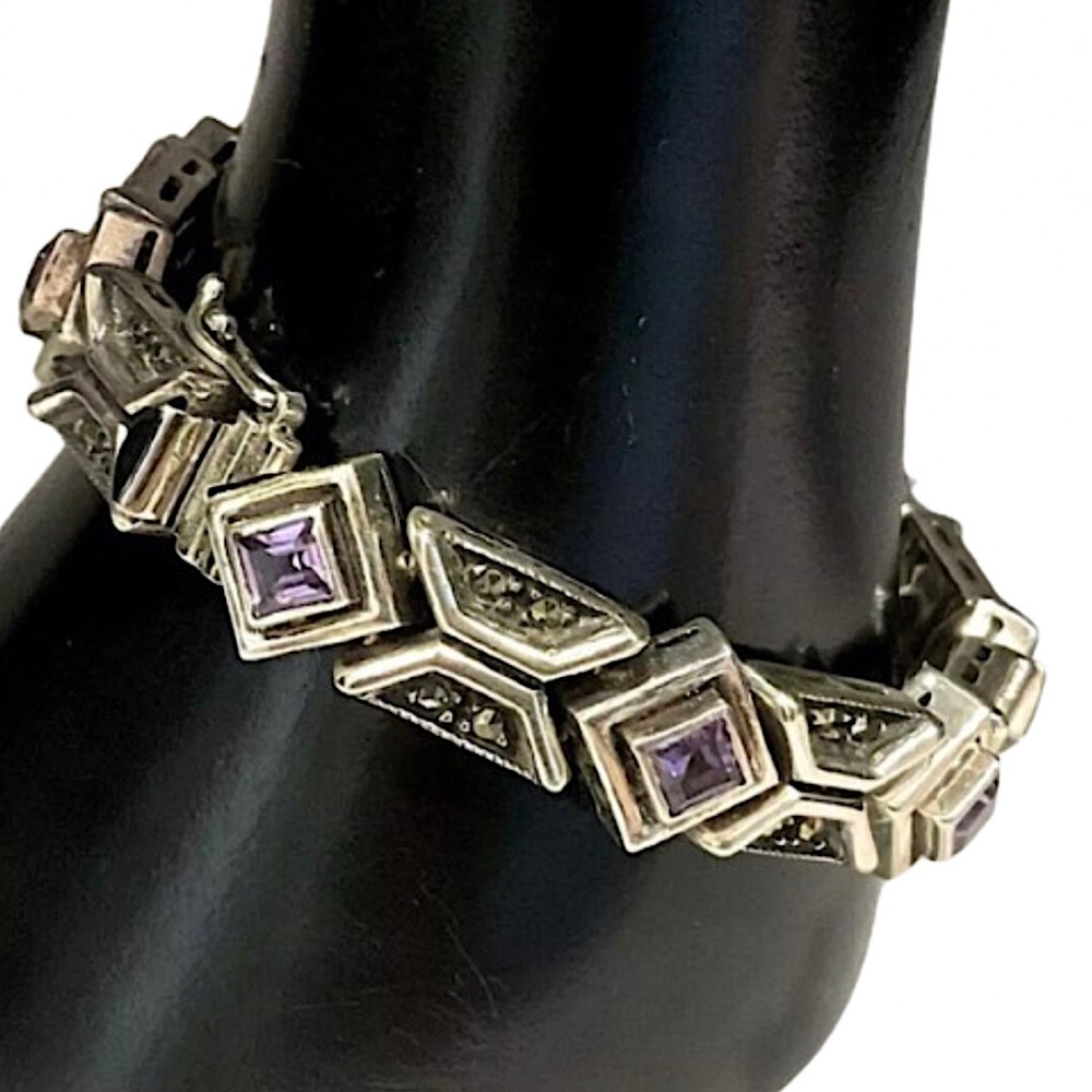 JUDTIH JACK Art Deco Faceted Amethyst Marcasite Sterling Silver Bracelet VINTAGE